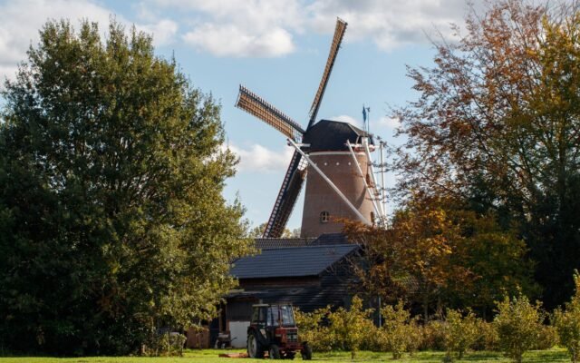 Moulin à vent néerlandais entouré d arbres d automne, parcs Halloween aux Pays-Bas
