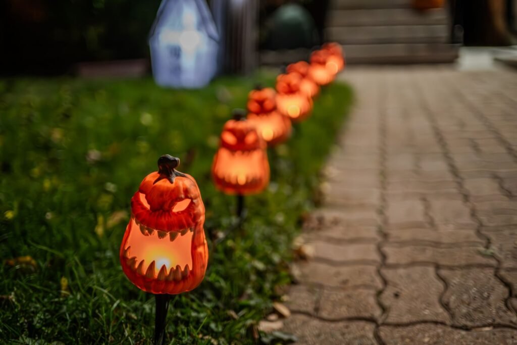 Rangée de citrouilles illuminées le long d un chemin de jardin, Halloween à Pairi Daiza