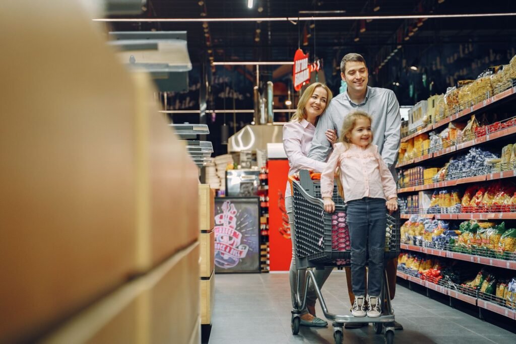 Famille avec un caddie au supermarché, à la recherche d une réduction Carrefour pour Plopsaland