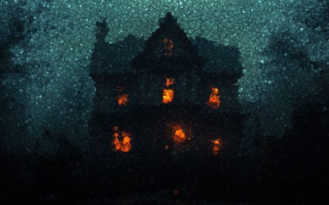 Maison hantée illuminée dans la nuit, ambiance Ibilaw et Halloween à Walibi Belgium